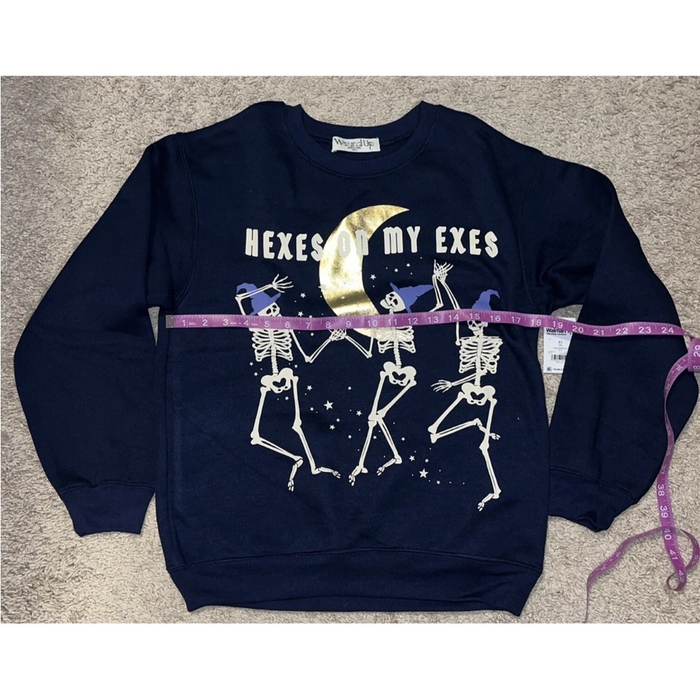 Junior’s Wound Up Navy Skeleton Crew Neck Sweater Size XS(1)